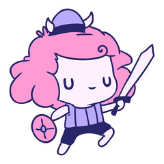 cartoon illustration kawaii cute viking child in bright neon color