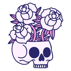 iconic tattoo style image of a skull and roses in bright neon color