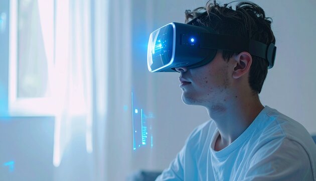 Man immersed in virtual reality experiences a vibrant digital world through innovative VR headset technology, exploring interactive simulations.