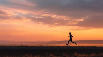 A silhouette shot of a determined runner in motion at sunrise on a wide open road, framed against a glowing horizon with soft pastel hues of orange