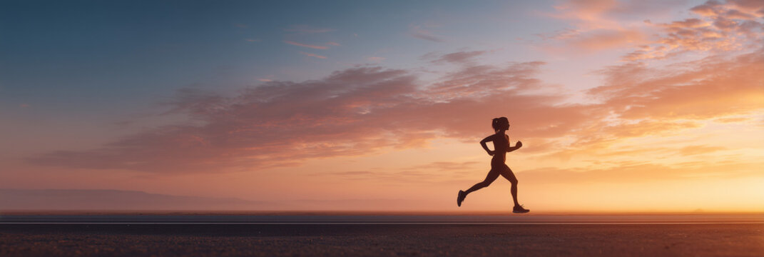 A silhouette shot of a determined runner in motion at sunrise on a wide open road, framed against a glowing horizon with soft pastel hues of orange