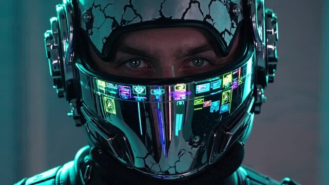 Casque futuriste avec reflets d&rsquo;&eacute;crans num&eacute;riques