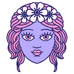 iconic tattoo style image of female face with crown of flowers in bright neon color