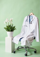 A4 Doctor's white coat hanging on chair beside potted plant  
