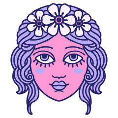 iconic tattoo style image of female face with crown of flowers in bright neon color