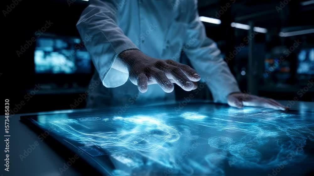 Poster against a backdrop of a hightech laboratory an engineer interacts with a translucent interface that 