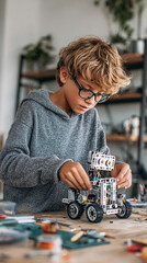 Young Boy Building a Robot with Enthusiasm