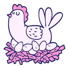 hand drawn doodle style cartoon chicken on nest of eggs in bright neon color
