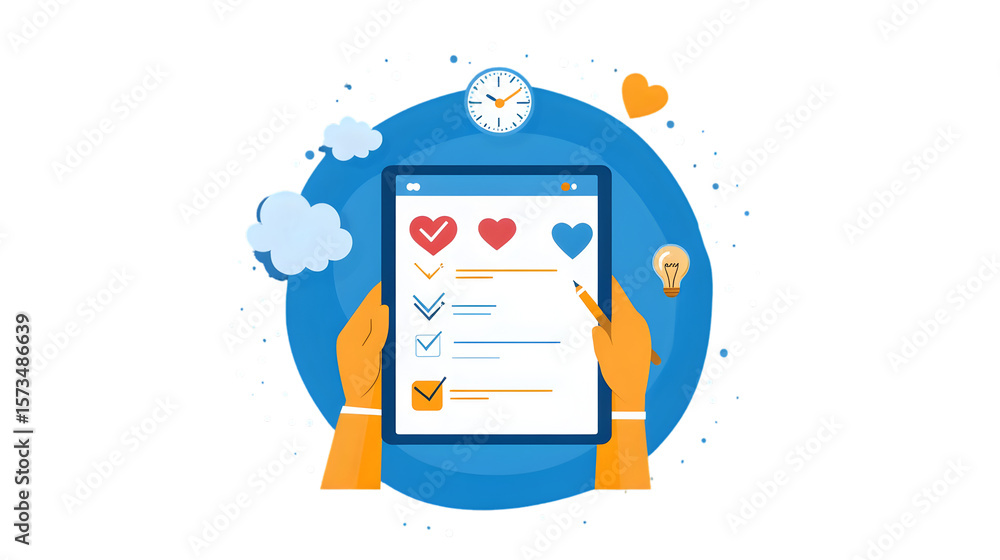 Fototapete Checklists with hearts on a digital tablet, illustrating task management and planning, set against a transparent backdrop for easy integration.