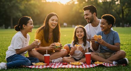 Fototapeta premium Happy Family Enjoying Picnic Lunch on National Eat Outside Day in a Sunny Park