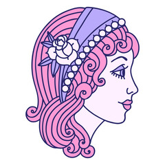 iconic tattoo style image of a gypsy head in bright neon color
