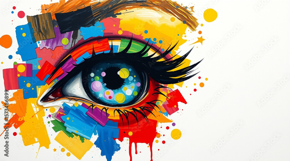 Poster a vibrant eye surrounded by colorful abstract shapes and splashes of paint in an artistic style crea