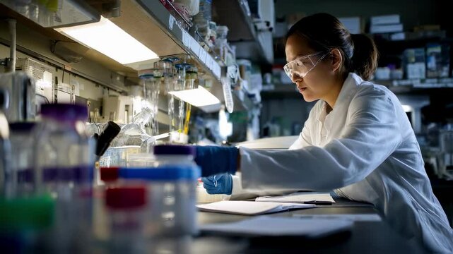 In a welllit lab a female scientist clad in a white lab coat and protective goggles meticulously prepares samples for analysis. She operates a centrifuge while sketching notes on the