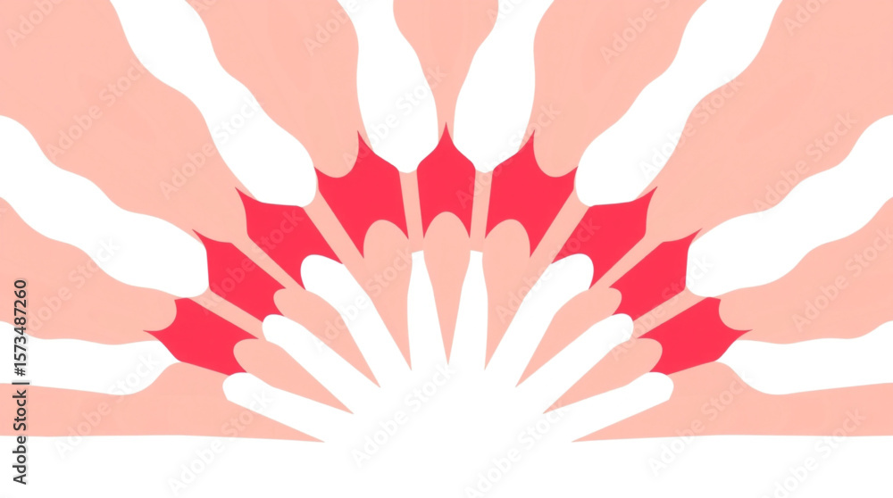 Poster abstract half sunburst with white and red rays on light pink background in a symmetrical design crea
