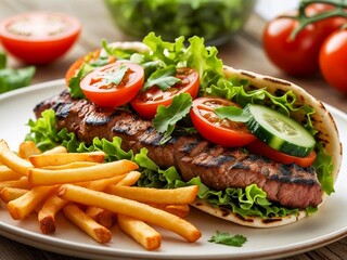 Grillteller mit saftigem Fleisch und gro&szlig;er Gem&uuml;se- / Salatbeilage