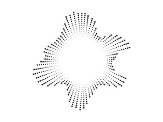 Circular audio wave pattern created with black dots. The vector design represents sound waves and music visualization in a minimalist style.