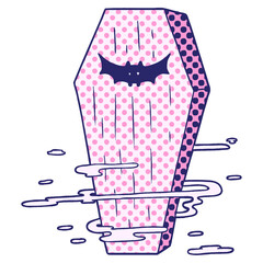 cartoon spooky coffin in bright neon color