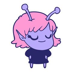 smiling alien girl cartoon with love heart in bright neon color