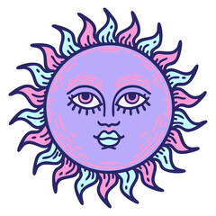 iconic tattoo style image of a sun with face in bright neon color