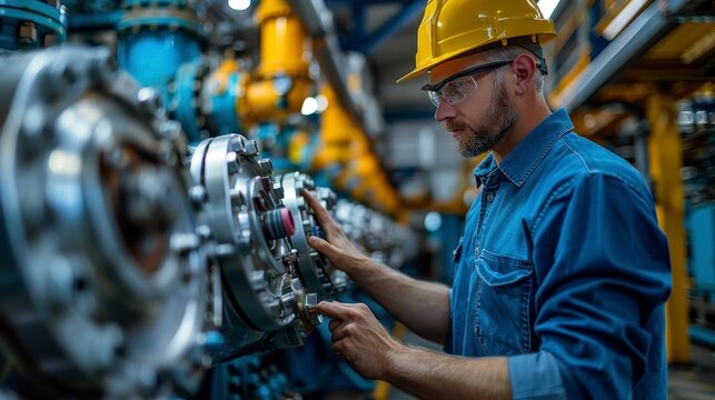 Factory worker inspecting complex machinery, wearing helmet and safety glasses