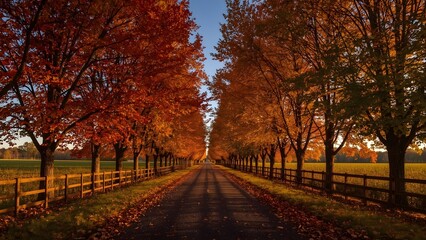 Naklejka premium Autumn Pathway with Vibrant Red and Orange Trees