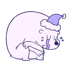 crying hand drawn line drawing of a polar bear wearing santa hat in bright neon color