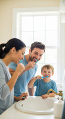 A family brushing their teeth together in a bright bathroom near a white sink and a window frame