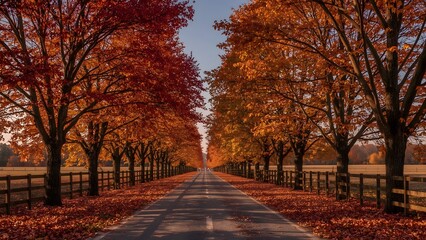 Autumn Pathway with Vibrant Red and Orange Trees