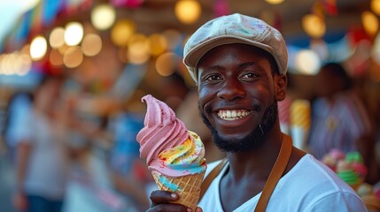 Smiling vendor holding a colorful ice cream cone at an outdoor festival