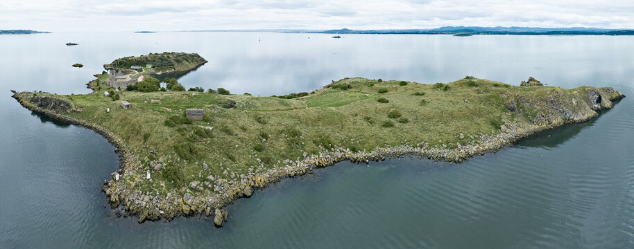 Aerial view of Inchcolm Abbey was established on this island originally as a priory by David I in 1140. It is the best-preserved group of monastic buildings in Scotland