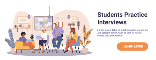 Students practice interviews teamwork discussion classroom group diverse young people laptops casual meeting modern workspace plants bulletin board