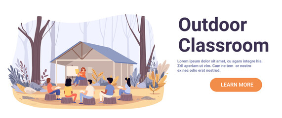 Fototapeta premium Outdoor classroom back to school nature learning teacher instructing diverse students outside forest trees cabin educational activity website banner