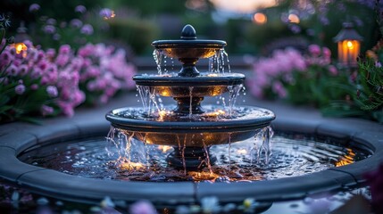 Elegant tiered fountain spilling water into a pool, with blooming pink flowers in the soft evening light
