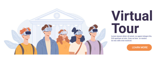 Students virtual reality museum tour diverse young people wearing VR headsets ancient building background modern education technology website banner