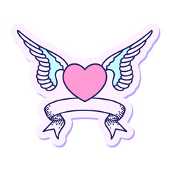 tattoo style sticker with banner of a heart with wings in bright neon color