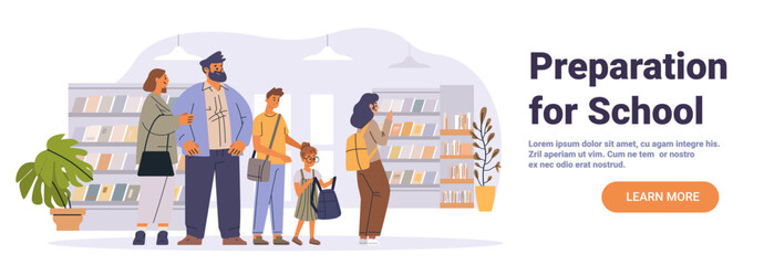 Family back to school shopping bookstore parents children browsing shelves plants modern interior website banner © mast3r