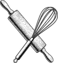 Vintage rolling pin and whisk crossed, rustic kitchen utensils with hand-drawn style