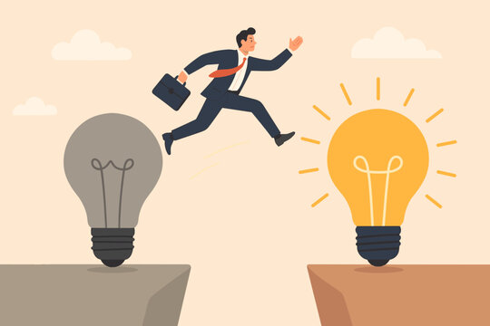 Business transformation metaphor. Change management. Transition to innovative company. Improvement, adaptation. Businessman jumps from old to new idea. Solution and success concept.