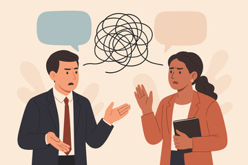 Communication problem, misunderstanding, confusion. Conflict of opinion, chaos in conversation. Business people colleagues having a difficult discussion, argument or debate.