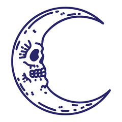 tattoo in black line style of a skull moon icon in bright neon color