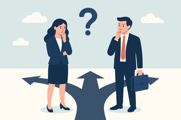 Career choice dilemma. Business people at crossroads concept. Confused man and woman making a decision. Doubt, uncertainty, and contemplation about future opportunity and direction.