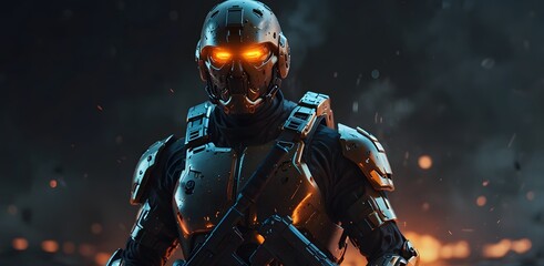 Fototapeta premium Futuristic soldier with glowing armor in battlefield
