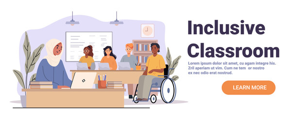 Inclusive classroom diverse students and teacher learning together modern school interior books laptops wheelchair accessibility educational website banner © mast3r
