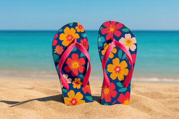 Colorful beach flip-flops with floral print and pink straps standing in sand against turquoise sea and blue sky. Summer atmosphere, vacation, and relaxation.