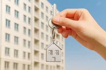 Hand holding a key with a house-shaped keychain in front of a residential building. Concept of apartment purchase, rent, real estate, mortgage, moving, and property investment.