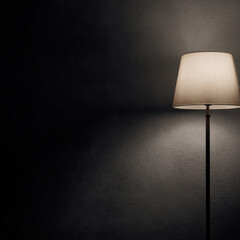 A floor lamp turned on near a wall in a dark room. Warm light creates soft shadows and a cozy ambiance. Minimalist interior in Scandinavian style.