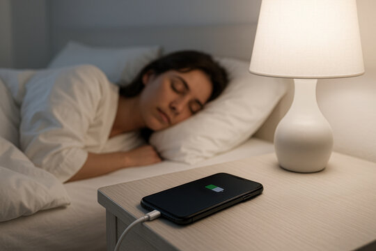 Woman sleeping in bed at night, smartphone charging with cable on bedside table. Nightstand lamp turned on, creating soft cozy bedroom lighting and relaxation atmosphere.