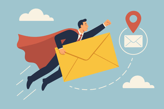 Email marketing campaign and fast message delivery concept. Businessman superhero character flying with a big letter. Direct mail for recipient inbox and newsletter subscription.