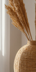 Decorative composition with dried flowers in a woven vase against a light wall in a minimalist interior. Warm natural style and soft lighting.