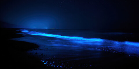 Night beach with bioluminescent glowing waves. The shore is lit by natural blue light of plankton under a starry sky with silhouettes of palm trees.